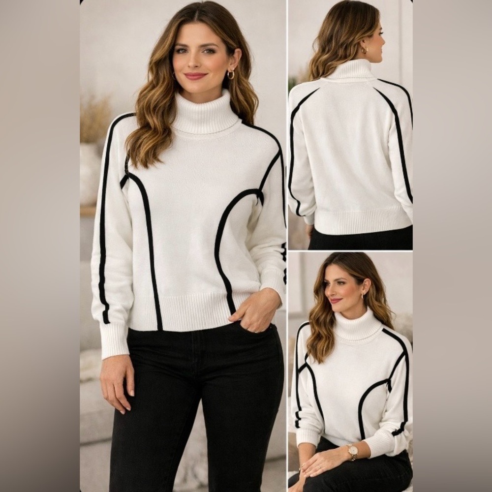 Carmen Marc Valvo White Black Trim Turtleneck Sweater Size L Chic Knit